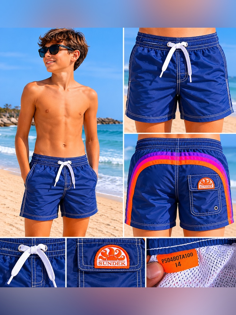 Sundek Youth Swim Trunks Size 14 Navy Rainbow Stripe Board Shorts Surf Swimwear